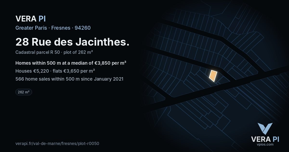 28 Rue des Jacinthes, Fresnes at night – the plot lit, the parcels around coloured by the prices near them