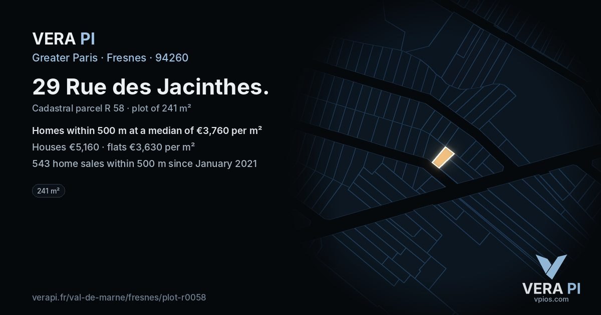 29 Rue des Jacinthes, Fresnes at night – the plot lit, the parcels around coloured by the prices near them