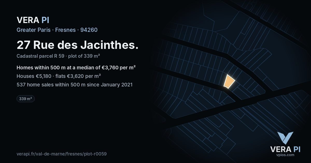 27 Rue des Jacinthes, Fresnes at night – the plot lit, the parcels around coloured by the prices near them