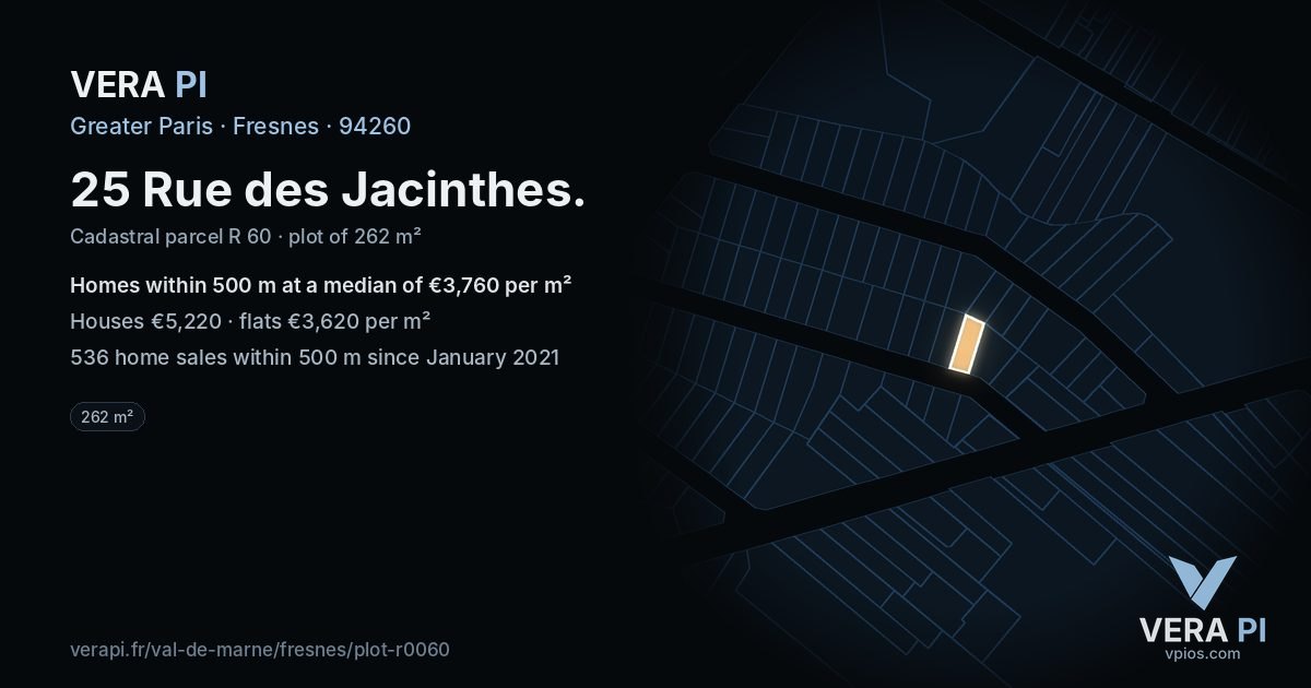 25 Rue des Jacinthes, Fresnes at night – the plot lit, the parcels around coloured by the prices near them