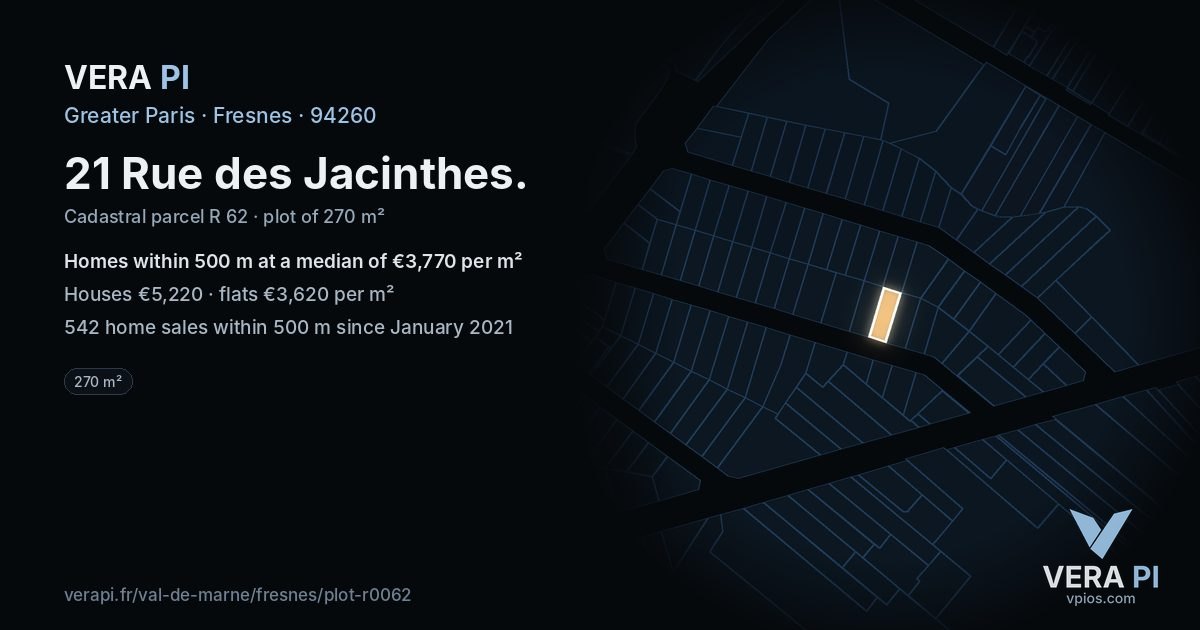 21 Rue des Jacinthes, Fresnes at night – the plot lit, the parcels around coloured by the prices near them
