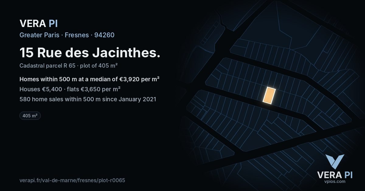 15 Rue des Jacinthes, Fresnes at night – the plot lit, the parcels around coloured by the prices near them
