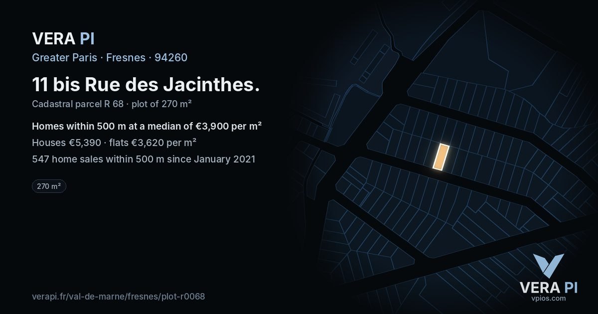 11 bis Rue des Jacinthes, Fresnes at night – the plot lit, the parcels around coloured by the prices near them