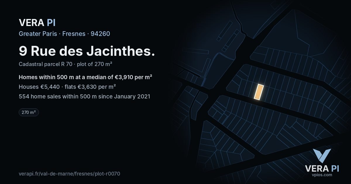 9 Rue des Jacinthes, Fresnes at night – the plot lit, the parcels around coloured by the prices near them