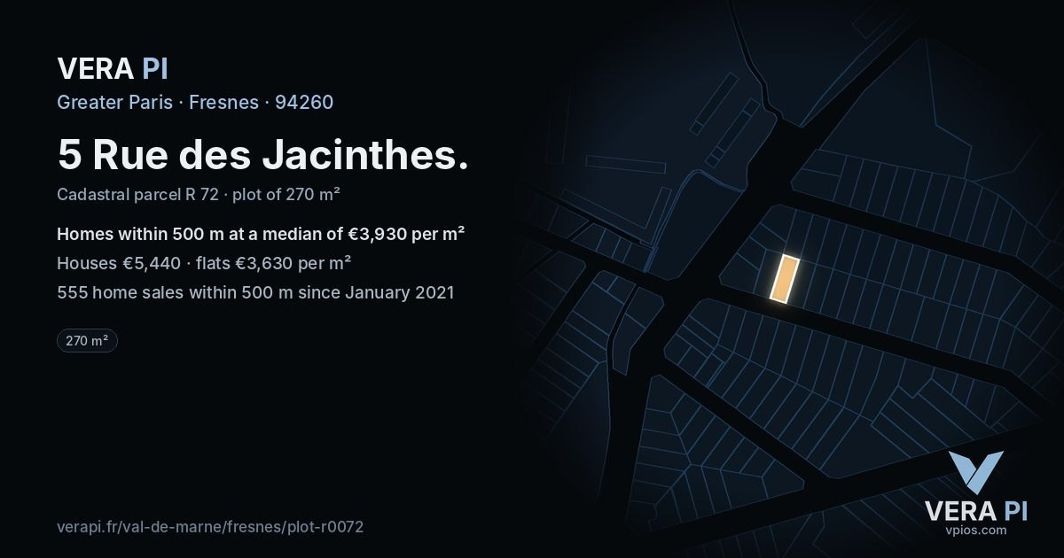 5 Rue des Jacinthes, Fresnes at night – the plot lit, the parcels around coloured by the prices near them
