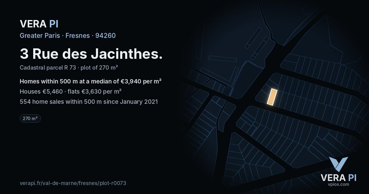 3 Rue des Jacinthes, Fresnes at night – the plot lit, the parcels around coloured by the prices near them