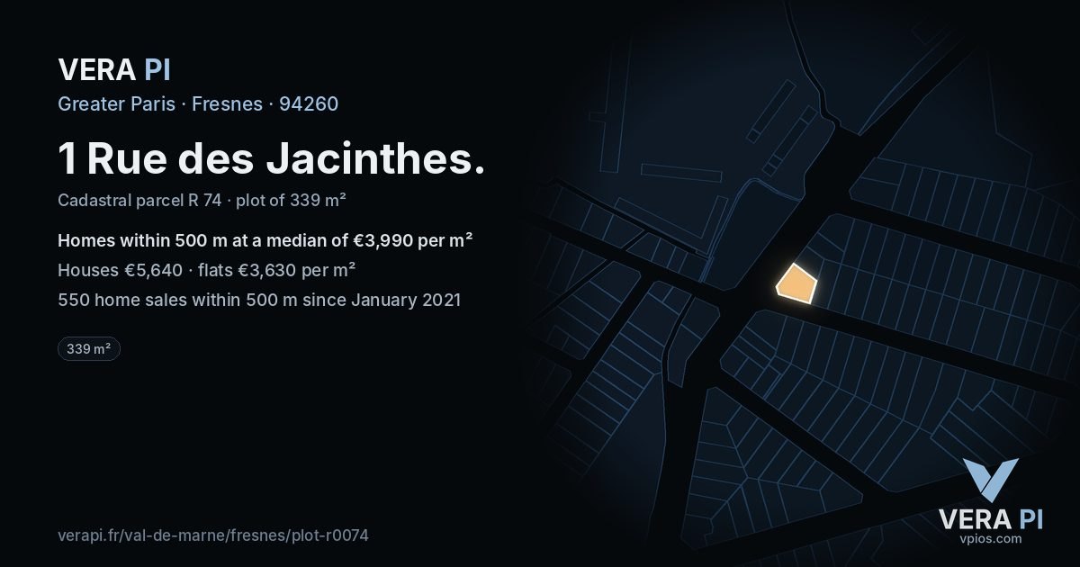 1 Rue des Jacinthes, Fresnes at night – the plot lit, the parcels around coloured by the prices near them