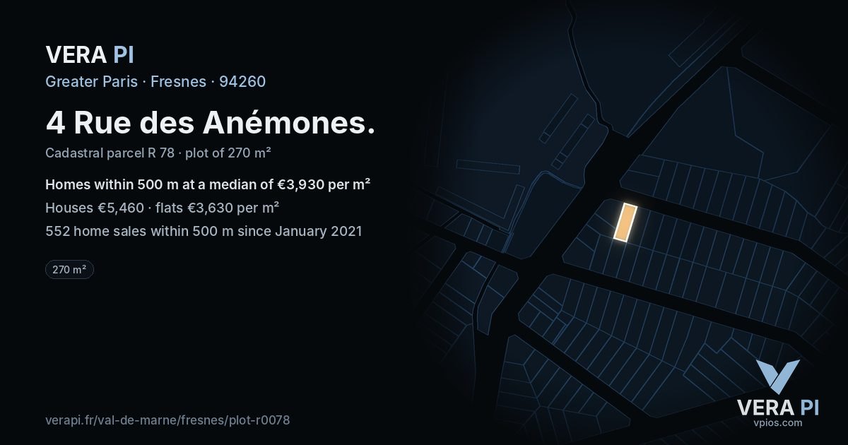 4 Rue des Anémones, Fresnes at night – the plot lit, the parcels around coloured by the prices near them