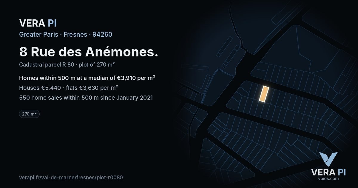8 Rue des Anémones, Fresnes at night – the plot lit, the parcels around coloured by the prices near them