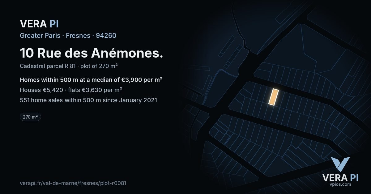 10 Rue des Anémones, Fresnes at night – the plot lit, the parcels around coloured by the prices near them