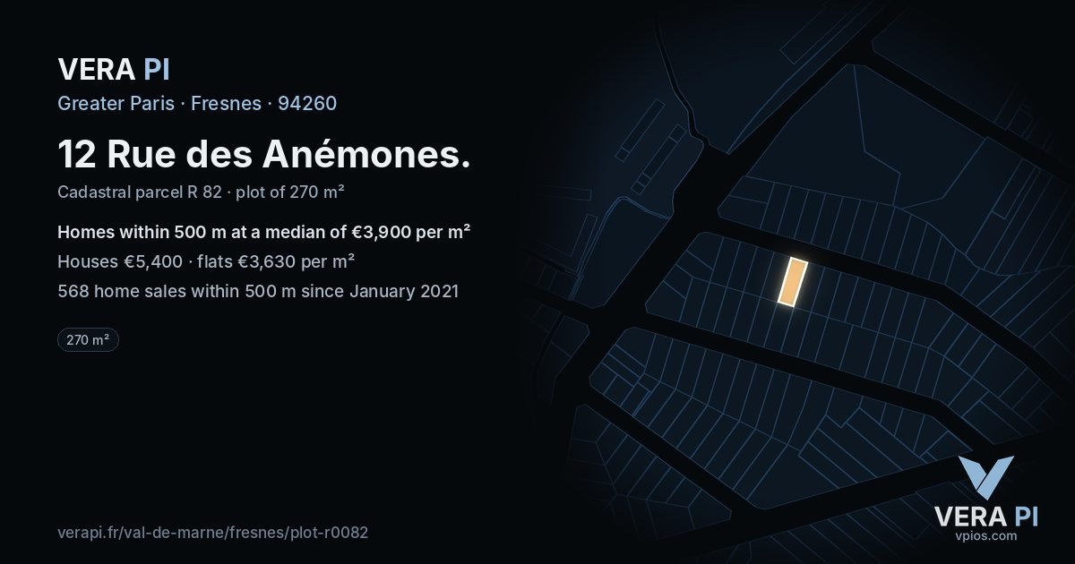 12 Rue des Anémones, Fresnes at night – the plot lit, the parcels around coloured by the prices near them