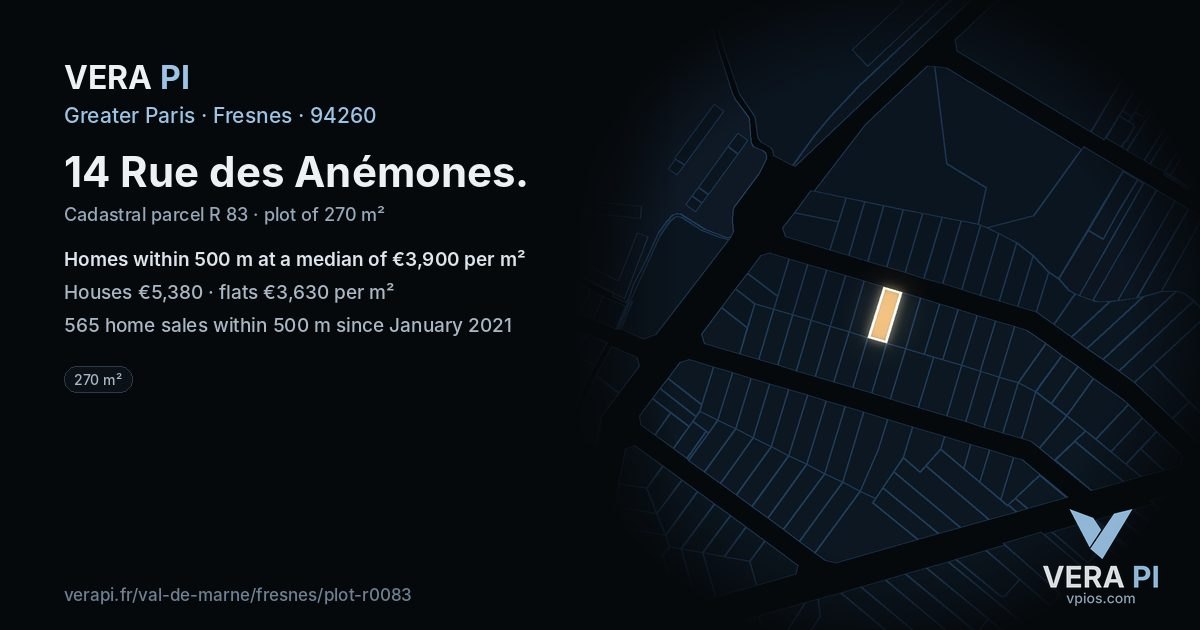 14 Rue des Anémones, Fresnes at night – the plot lit, the parcels around coloured by the prices near them