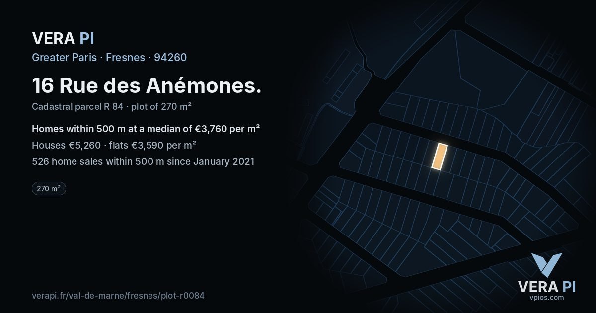 16 Rue des Anémones, Fresnes at night – the plot lit, the parcels around coloured by the prices near them