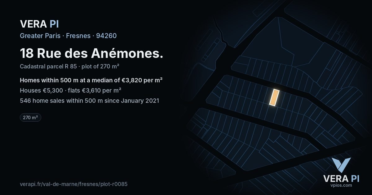 18 Rue des Anémones, Fresnes at night – the plot lit, the parcels around coloured by the prices near them