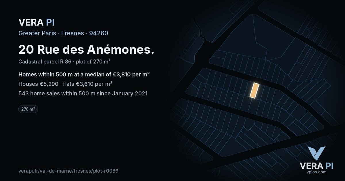 20 Rue des Anémones, Fresnes at night – the plot lit, the parcels around coloured by the prices near them