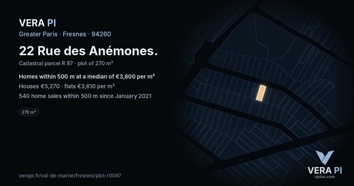 22 Rue des Anémones, Fresnes at night – the plot lit, the parcels around coloured by the prices near them