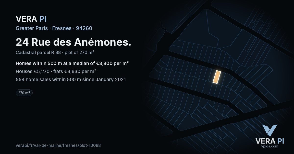 24 Rue des Anémones, Fresnes at night – the plot lit, the parcels around coloured by the prices near them