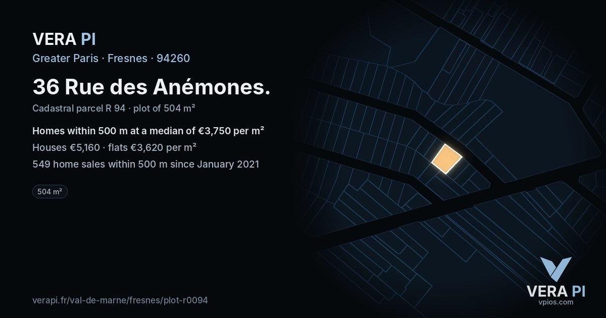 36 Rue des Anémones, Fresnes at night – the plot lit, the parcels around coloured by the prices near them