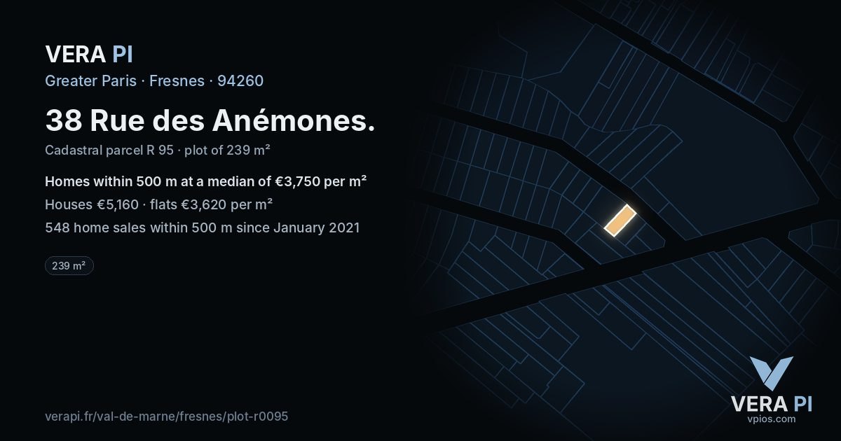 38 Rue des Anémones, Fresnes at night – the plot lit, the parcels around coloured by the prices near them