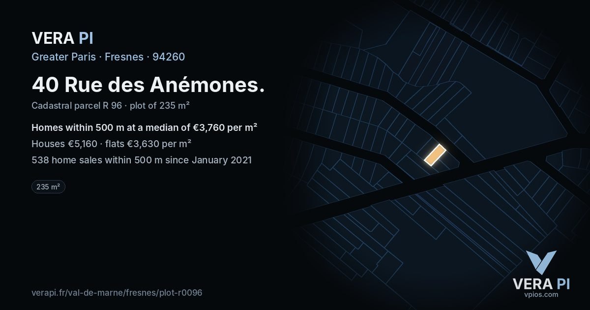 40 Rue des Anémones, Fresnes at night – the plot lit, the parcels around coloured by the prices near them
