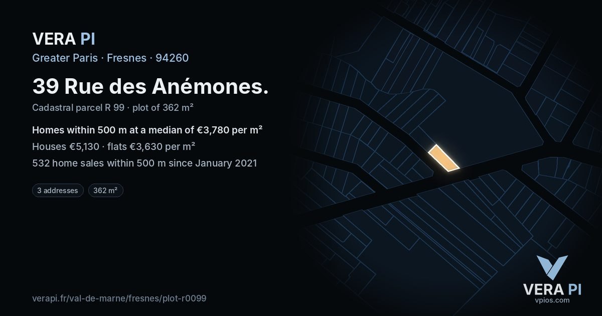39 Rue des Anémones, Fresnes at night – the plot lit, the parcels around coloured by the prices near them