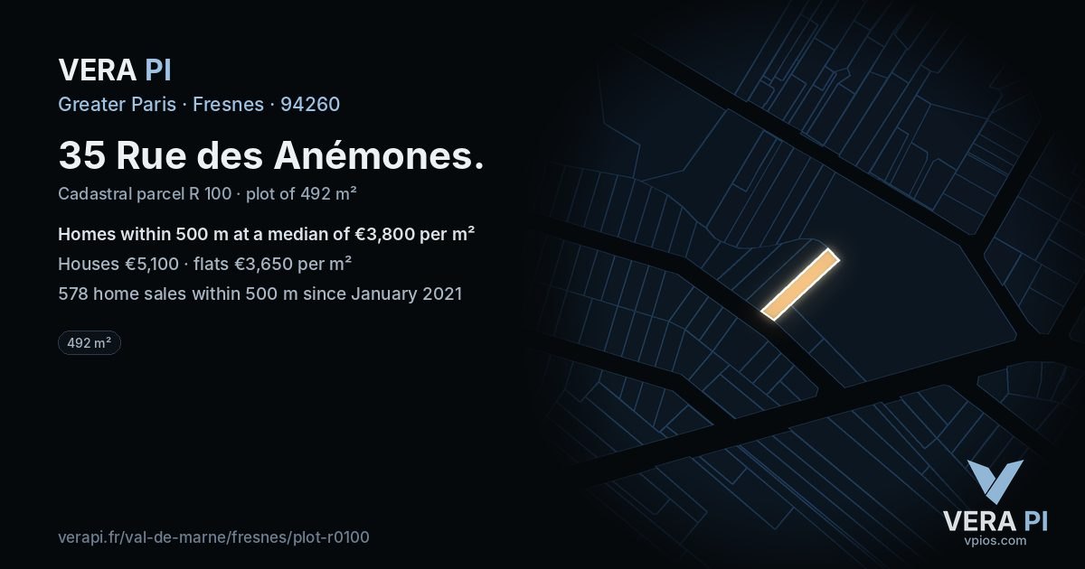 35 Rue des Anémones, Fresnes at night – the plot lit, the parcels around coloured by the prices near them