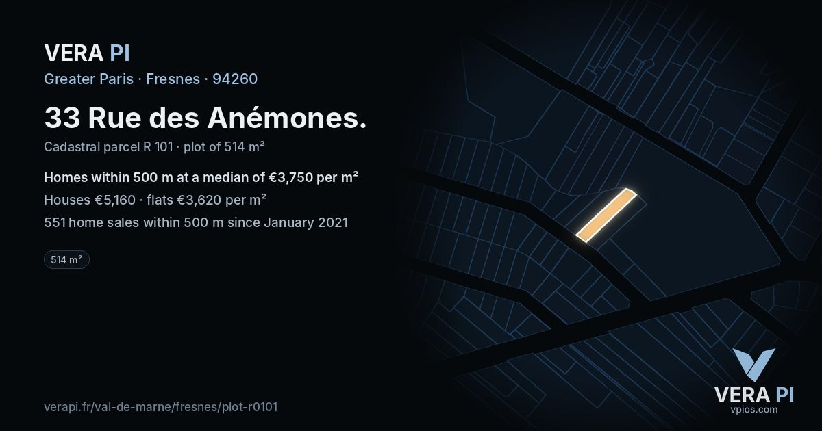 33 Rue des Anémones, Fresnes at night – the plot lit, the parcels around coloured by the prices near them