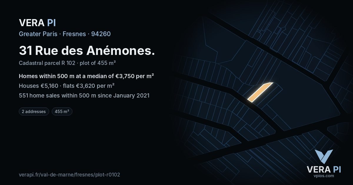 31 Rue des Anémones, Fresnes at night – the plot lit, the parcels around coloured by the prices near them
