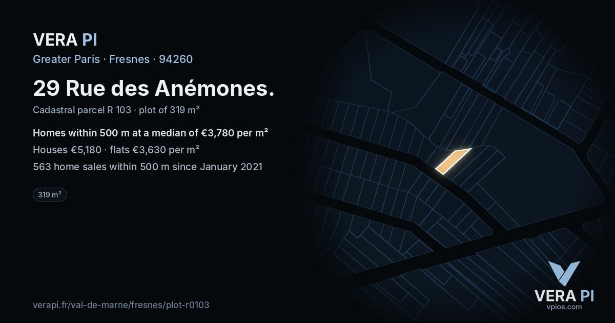 29 Rue des Anémones, Fresnes at night – the plot lit, the parcels around coloured by the prices near them