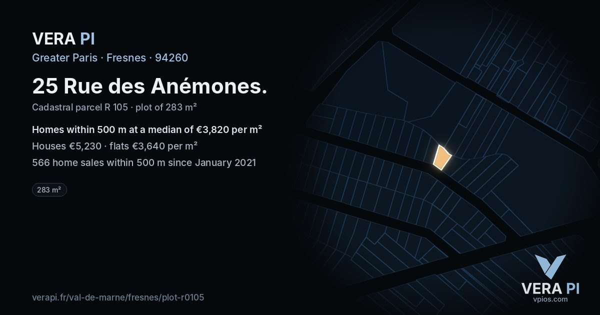 25 Rue des Anémones, Fresnes at night – the plot lit, the parcels around coloured by the prices near them