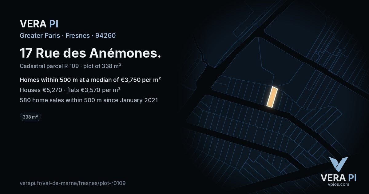 17 Rue des Anémones, Fresnes at night – the plot lit, the parcels around coloured by the prices near them