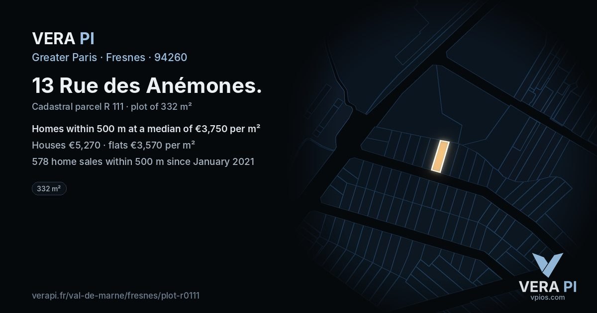 13 Rue des Anémones, Fresnes at night – the plot lit, the parcels around coloured by the prices near them