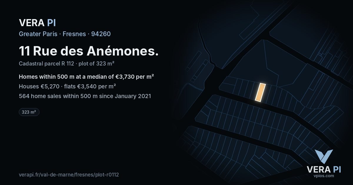 11 Rue des Anémones, Fresnes at night – the plot lit, the parcels around coloured by the prices near them