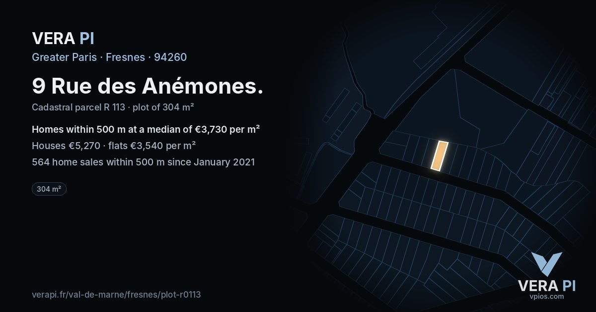 9 Rue des Anémones, Fresnes at night – the plot lit, the parcels around coloured by the prices near them