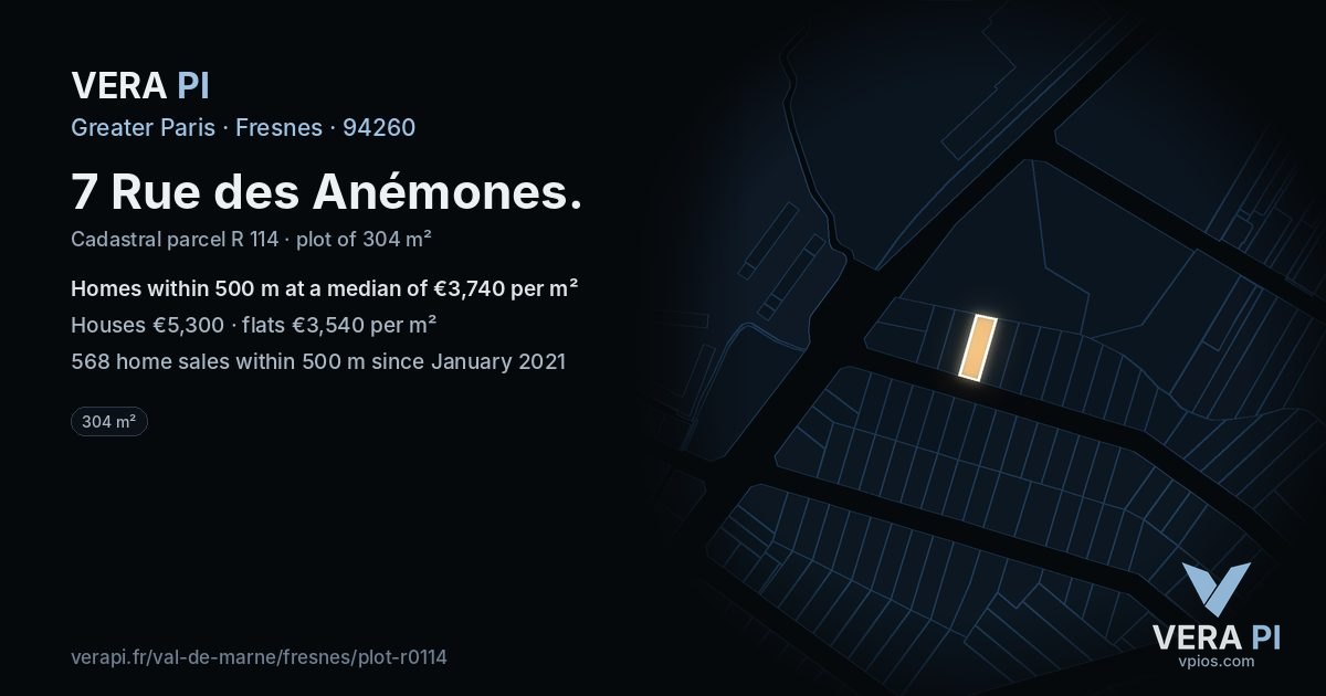 7 Rue des Anémones, Fresnes at night – the plot lit, the parcels around coloured by the prices near them