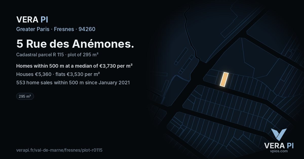 5 Rue des Anémones, Fresnes at night – the plot lit, the parcels around coloured by the prices near them