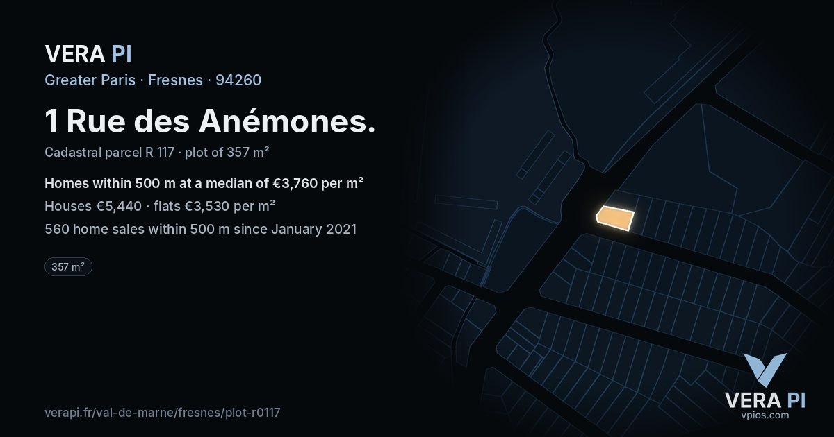 1 Rue des Anémones, Fresnes at night – the plot lit, the parcels around coloured by the prices near them