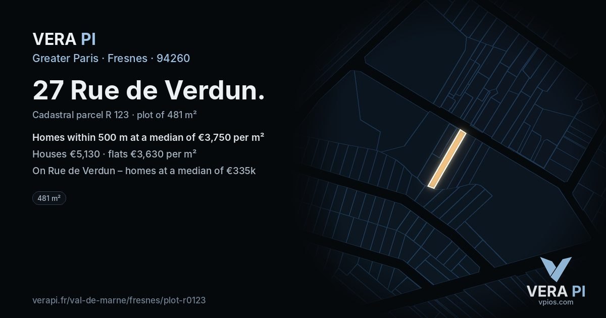 27 Rue de Verdun, Fresnes at night – the plot lit, the parcels around coloured by the prices near them