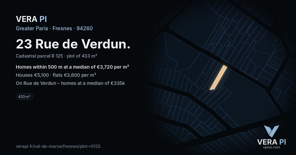 23 Rue de Verdun, Fresnes at night – the plot lit, the parcels around coloured by the prices near them