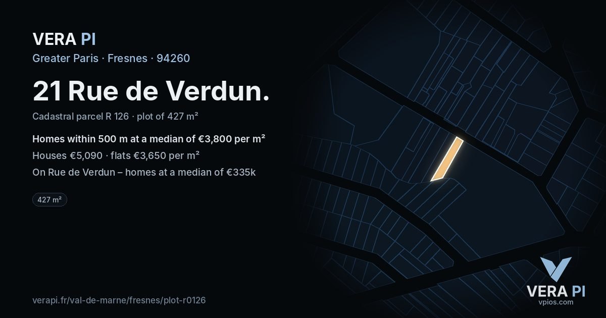 21 Rue de Verdun, Fresnes at night – the plot lit, the parcels around coloured by the prices near them