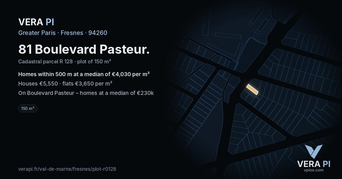 81 Boulevard Pasteur, Fresnes at night – the plot lit, the parcels around coloured by the prices near them