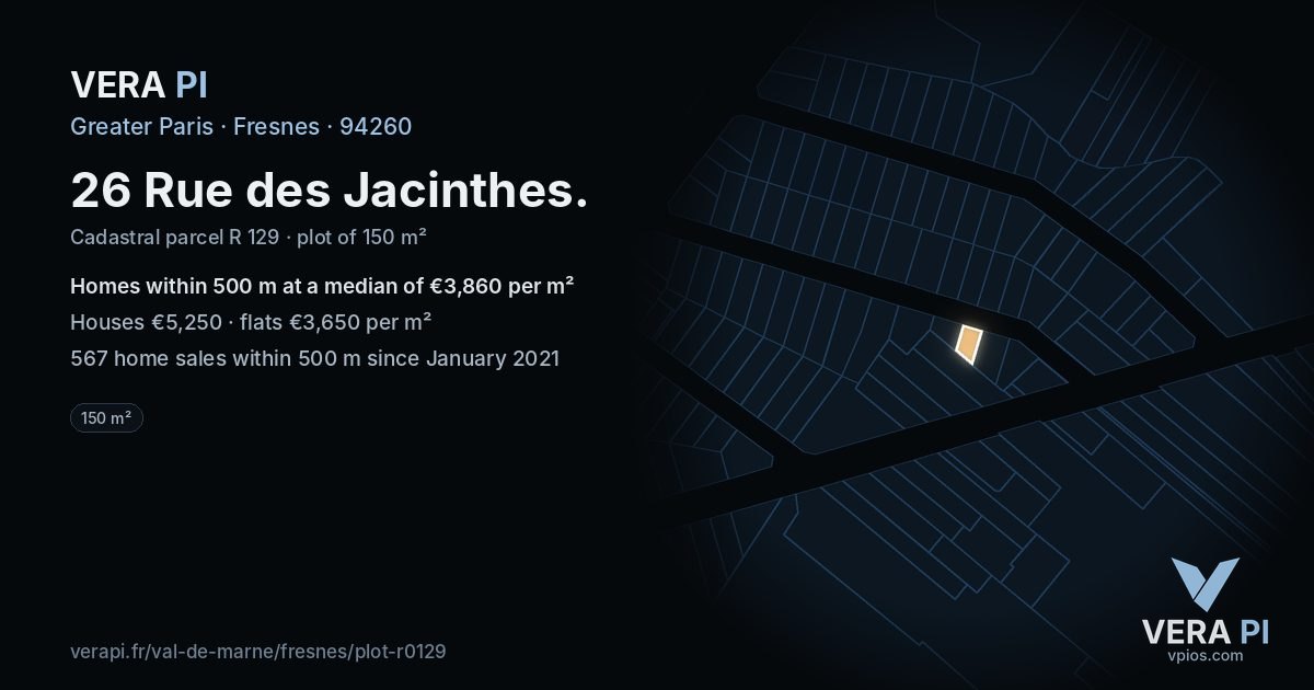 26 Rue des Jacinthes, Fresnes at night – the plot lit, the parcels around coloured by the prices near them