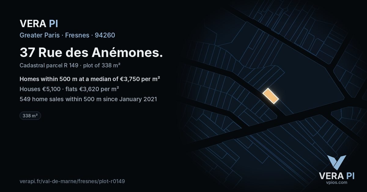 37 Rue des Anémones, Fresnes at night – the plot lit, the parcels around coloured by the prices near them