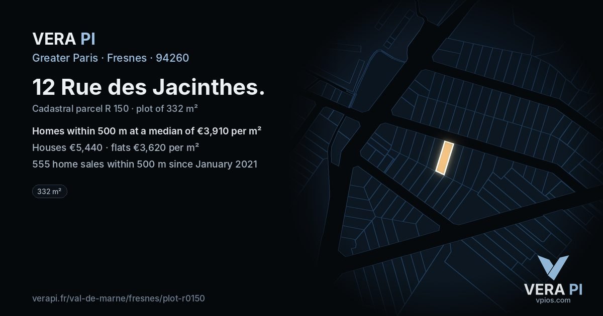 12 Rue des Jacinthes, Fresnes at night – the plot lit, the parcels around coloured by the prices near them