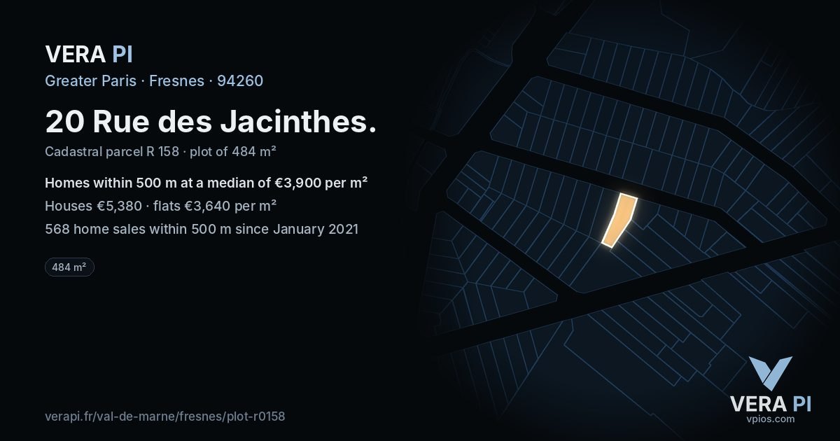 20 Rue des Jacinthes, Fresnes at night – the plot lit, the parcels around coloured by the prices near them