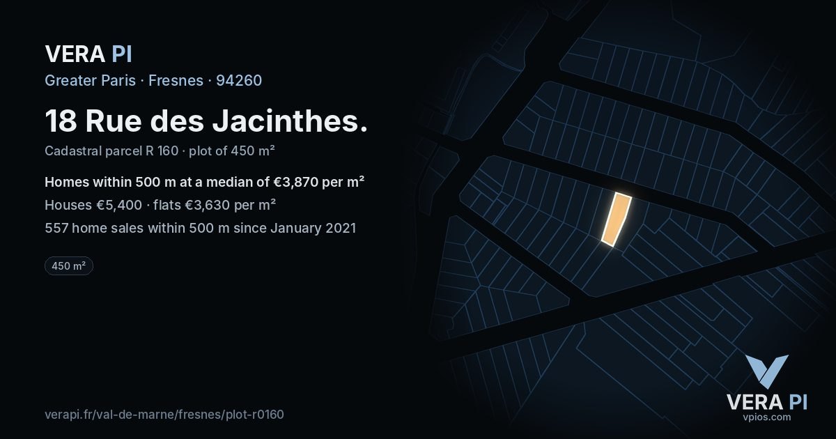 18 Rue des Jacinthes, Fresnes at night – the plot lit, the parcels around coloured by the prices near them