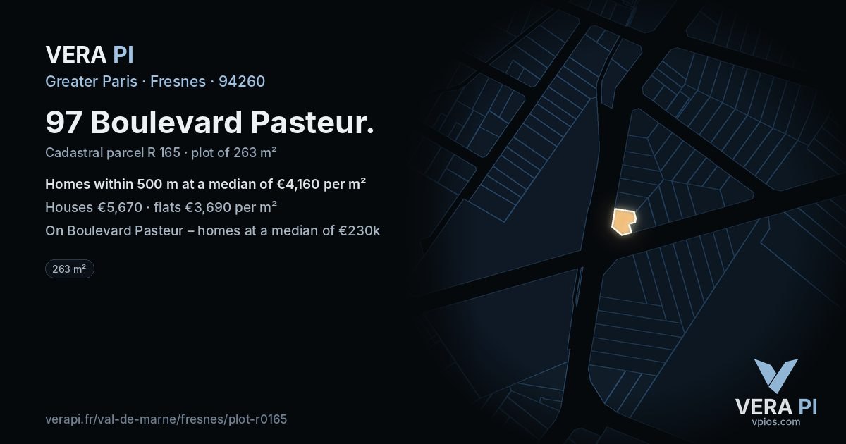 97 Boulevard Pasteur, Fresnes at night – the plot lit, the parcels around coloured by the prices near them