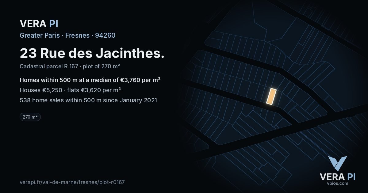 23 Rue des Jacinthes, Fresnes at night – the plot lit, the parcels around coloured by the prices near them