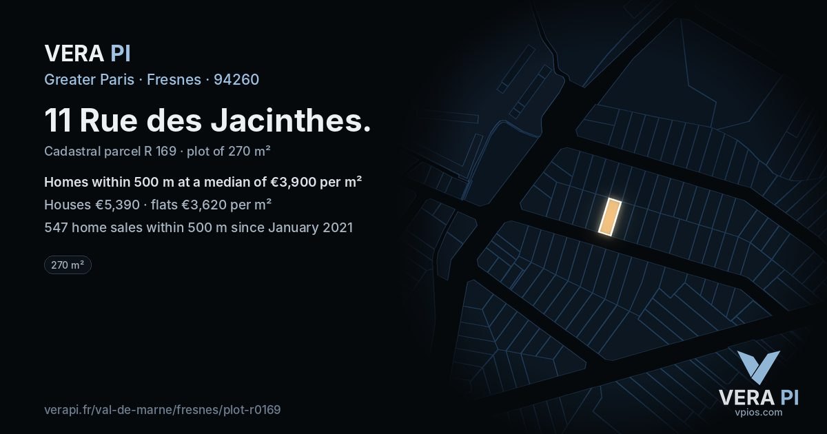 11 Rue des Jacinthes, Fresnes at night – the plot lit, the parcels around coloured by the prices near them