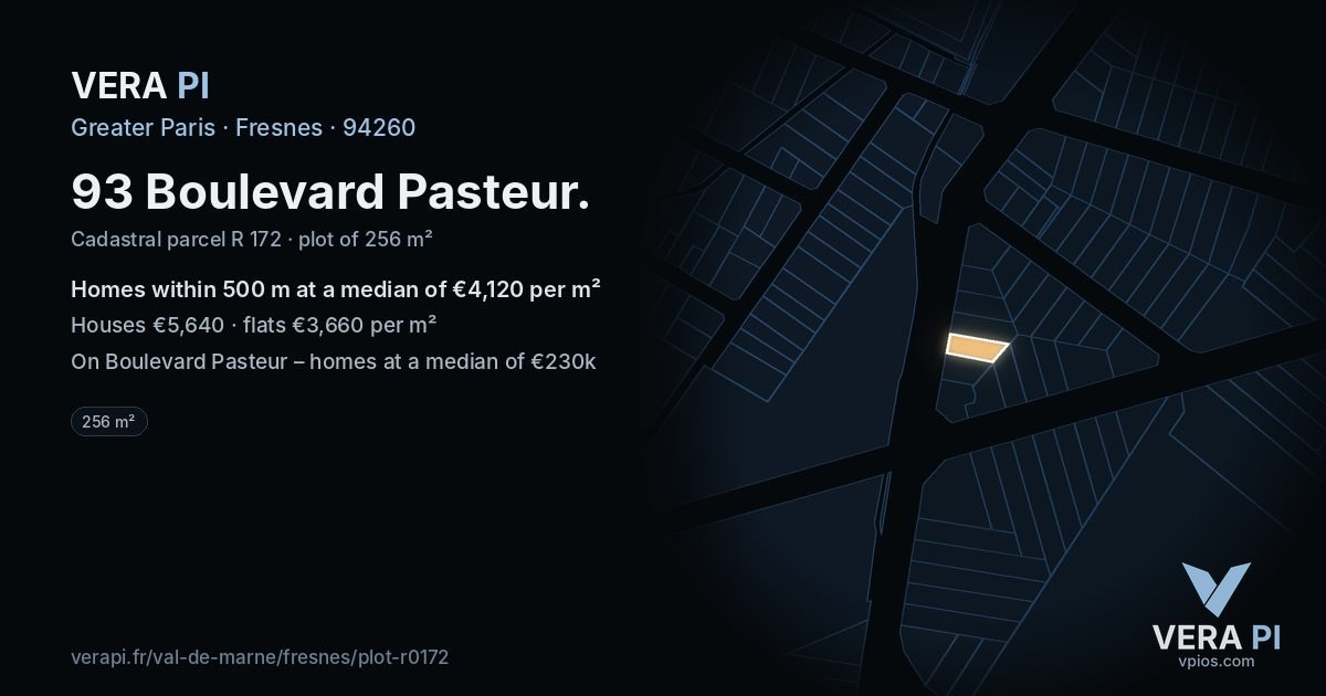 93 Boulevard Pasteur, Fresnes at night – the plot lit, the parcels around coloured by the prices near them